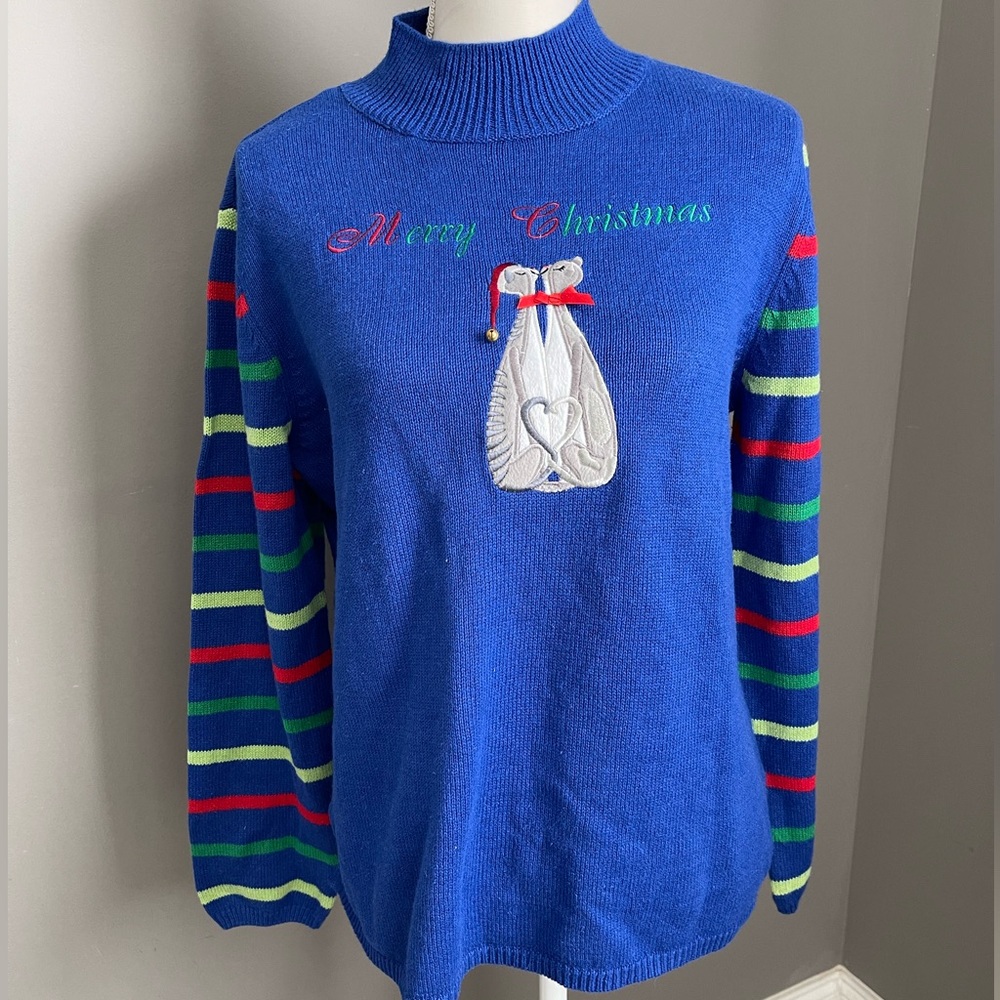 ✨Festive Blue Christmas Sweater with Striped Sleeves✨